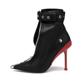 Belt Buckle Front Zipper Pointed Ankle Boots